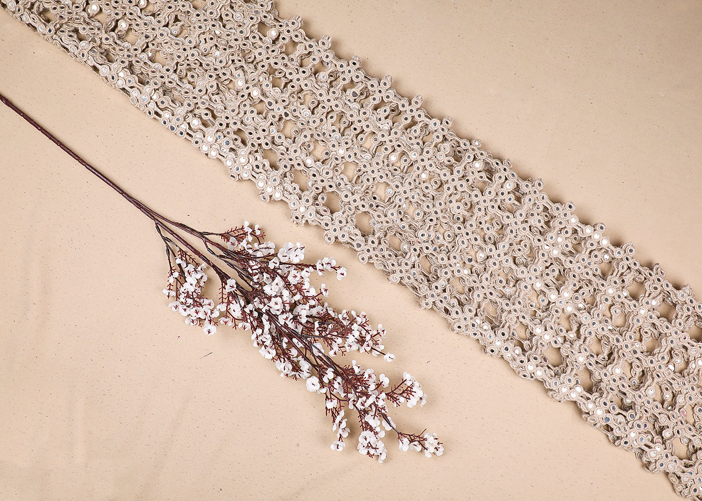 Imported Laser Cutwork Net Fabric With All Over Rose Gold Zari And Faux Mirror Work 19597