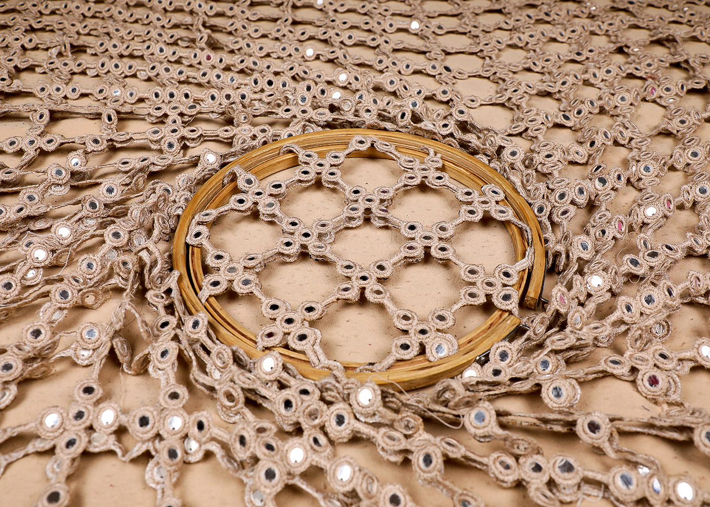 Imported Laser Cutwork Net Fabric With All Over Rose Gold Zari And Faux Mirror Work 19597
