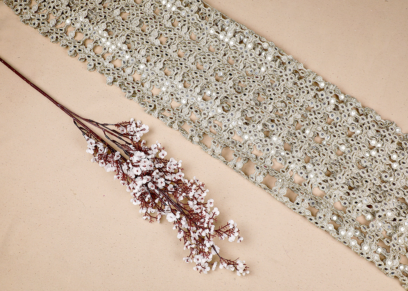 Imported Laser Cutwork Net Fabric With All Over Metallic Gold Zari And Faux Mirror Work 19598