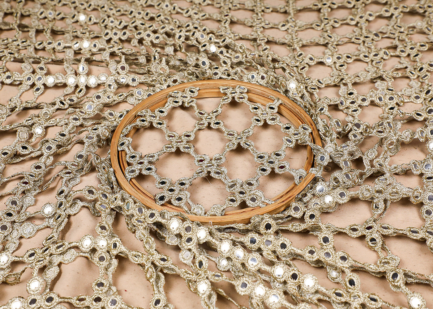 Imported Laser Cutwork Net Fabric With All Over Metallic Gold Zari And Faux Mirror Work 19598