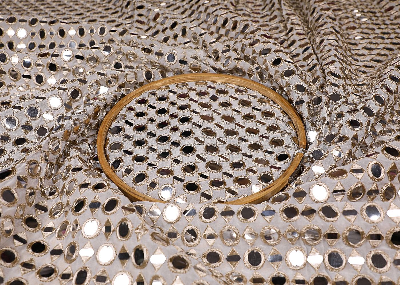 White Georgette Fabric With All Over Zari And Faux Mirror Work 19599