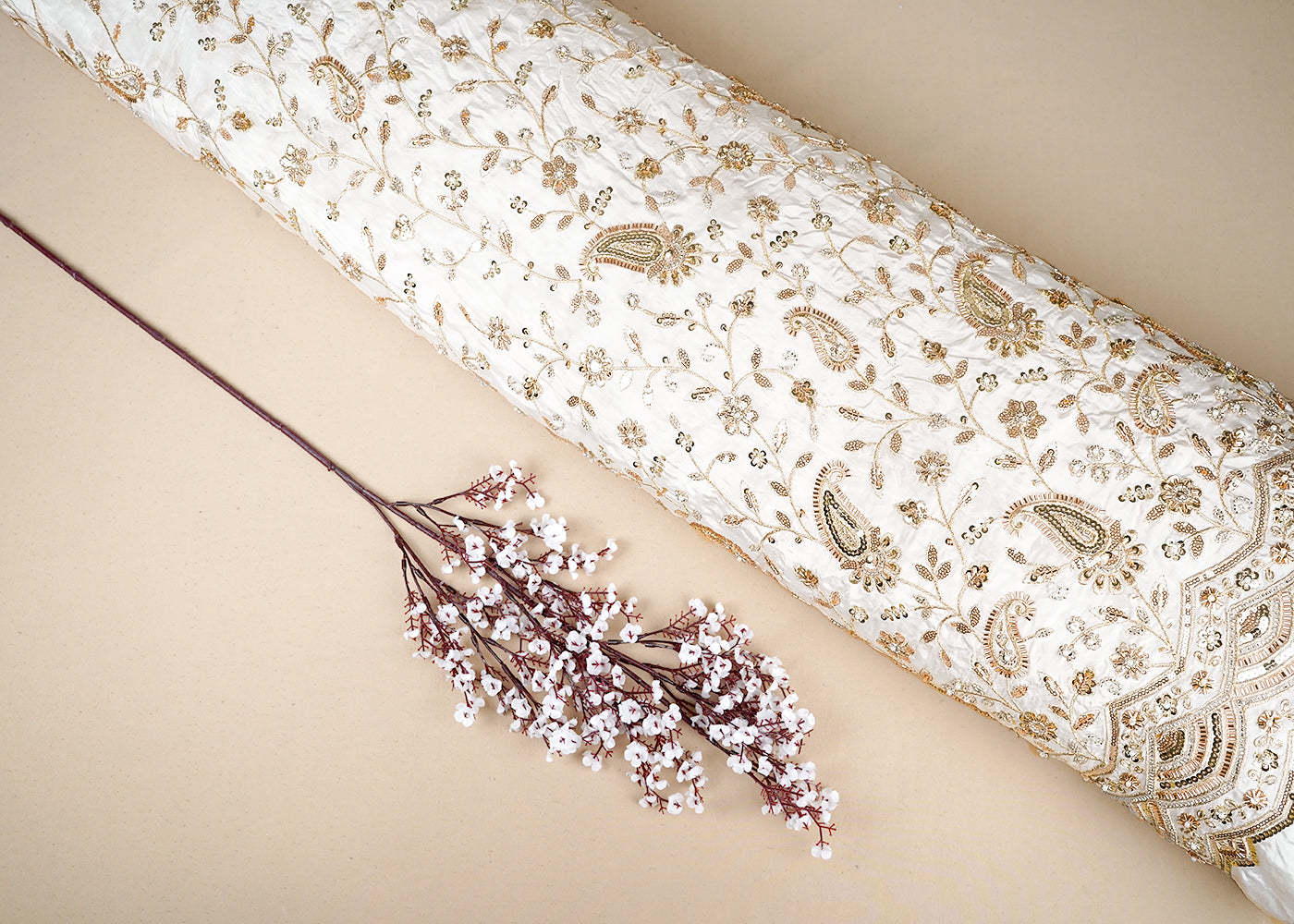 White Crepe Fabric With All Over Katdana, Bead, Zari And Sequins Work With One Side Scalloped Border 19600