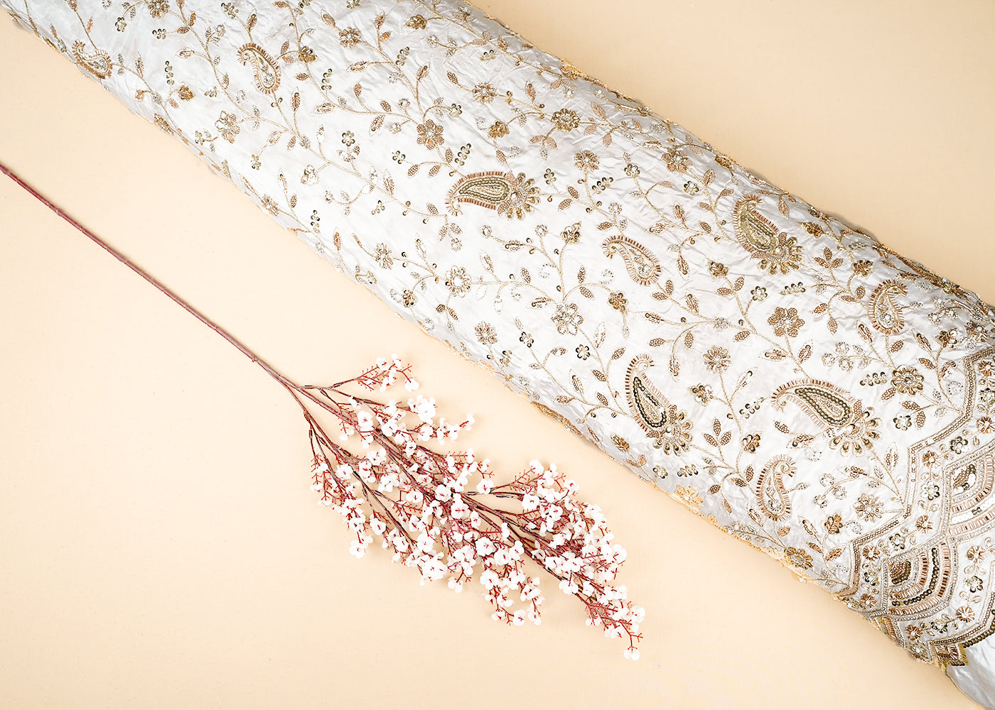 White Crepe Fabric With All Over Katdana, Bead, Zari And Sequins Work With One Side Scalloped Border 19600