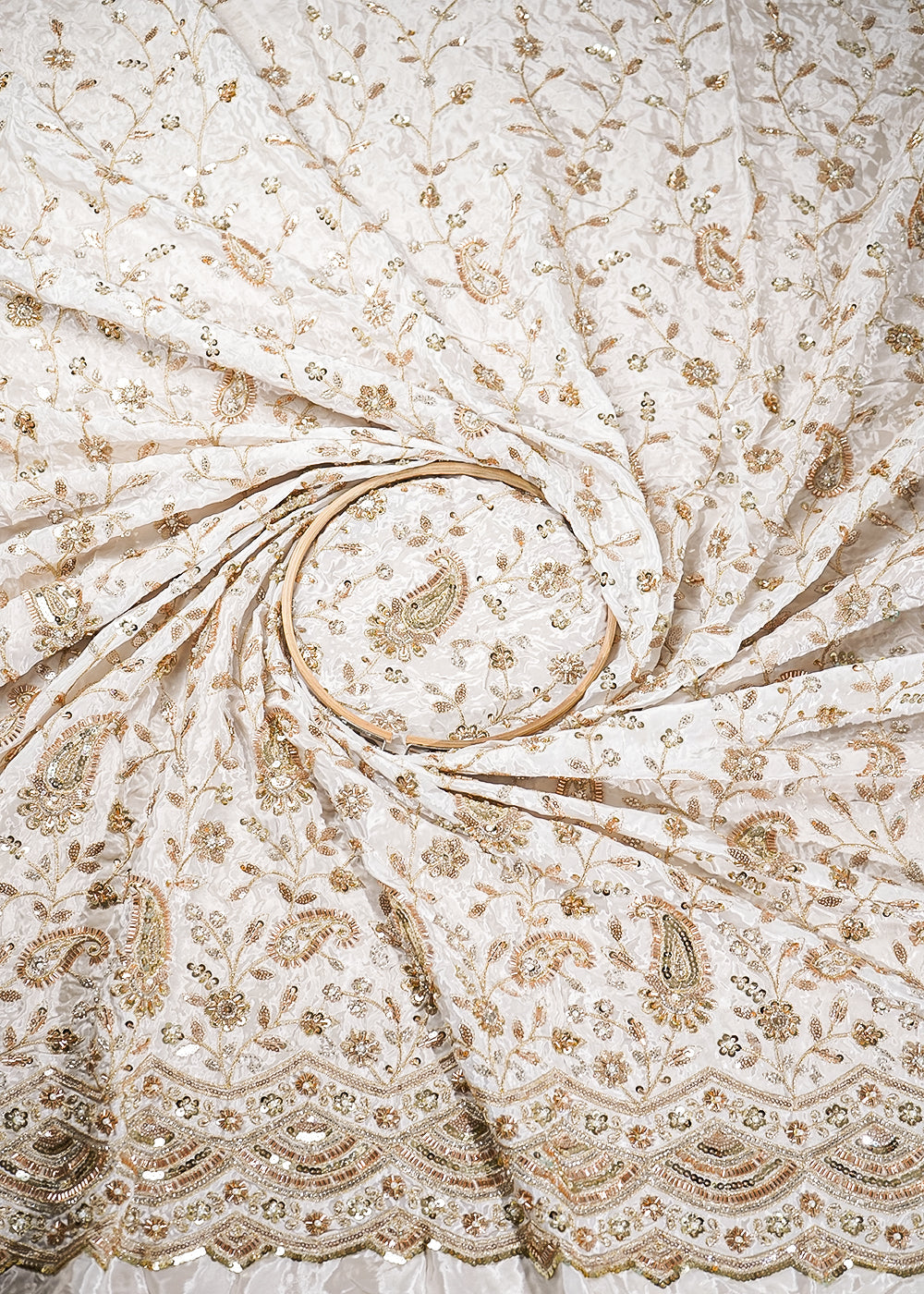 White Crepe Fabric With All Over Katdana, Bead, Zari And Sequins Work With One Side Scalloped Border 19600