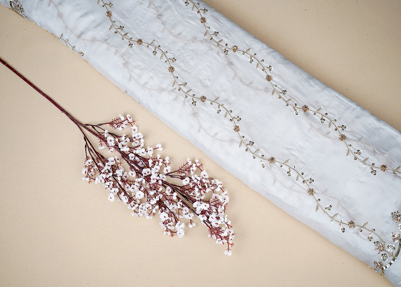 White Chinon Chiffon Fabric With All Over Katdana, Bead, Zari And Sequins Work With Two Side Scalloped Border 19601