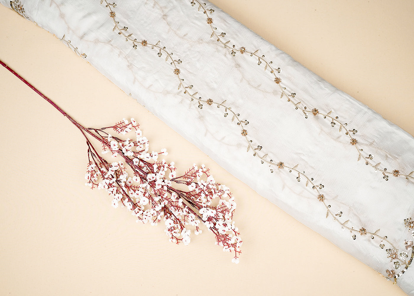 White Chinon Chiffon Fabric With All Over Katdana, Bead, Zari And Sequins Work With Two Side Scalloped Border 19601