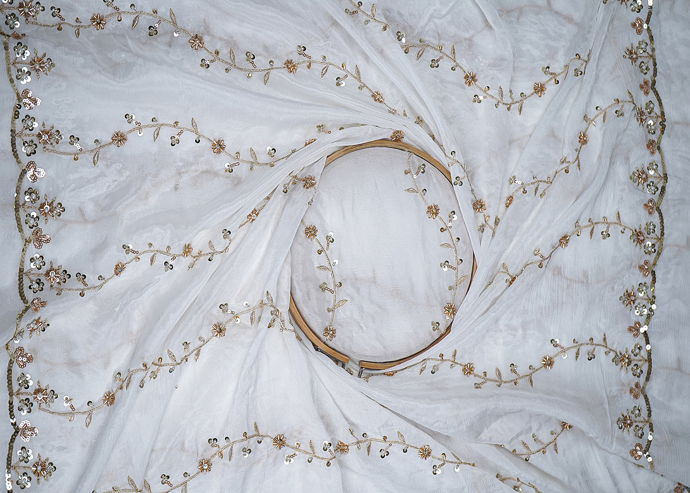 White Chinon Chiffon Fabric With All Over Katdana, Bead, Zari And Sequins Work With Two Side Scalloped Border 19601