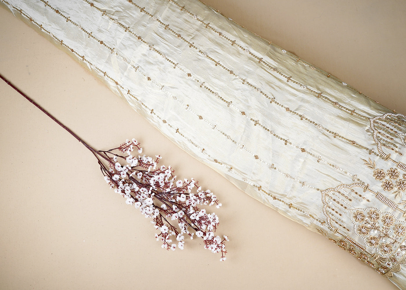 Gold Tissue Fabric With All Over Katdana, Bead, Zari And Sequins Work With One Side Border 19602