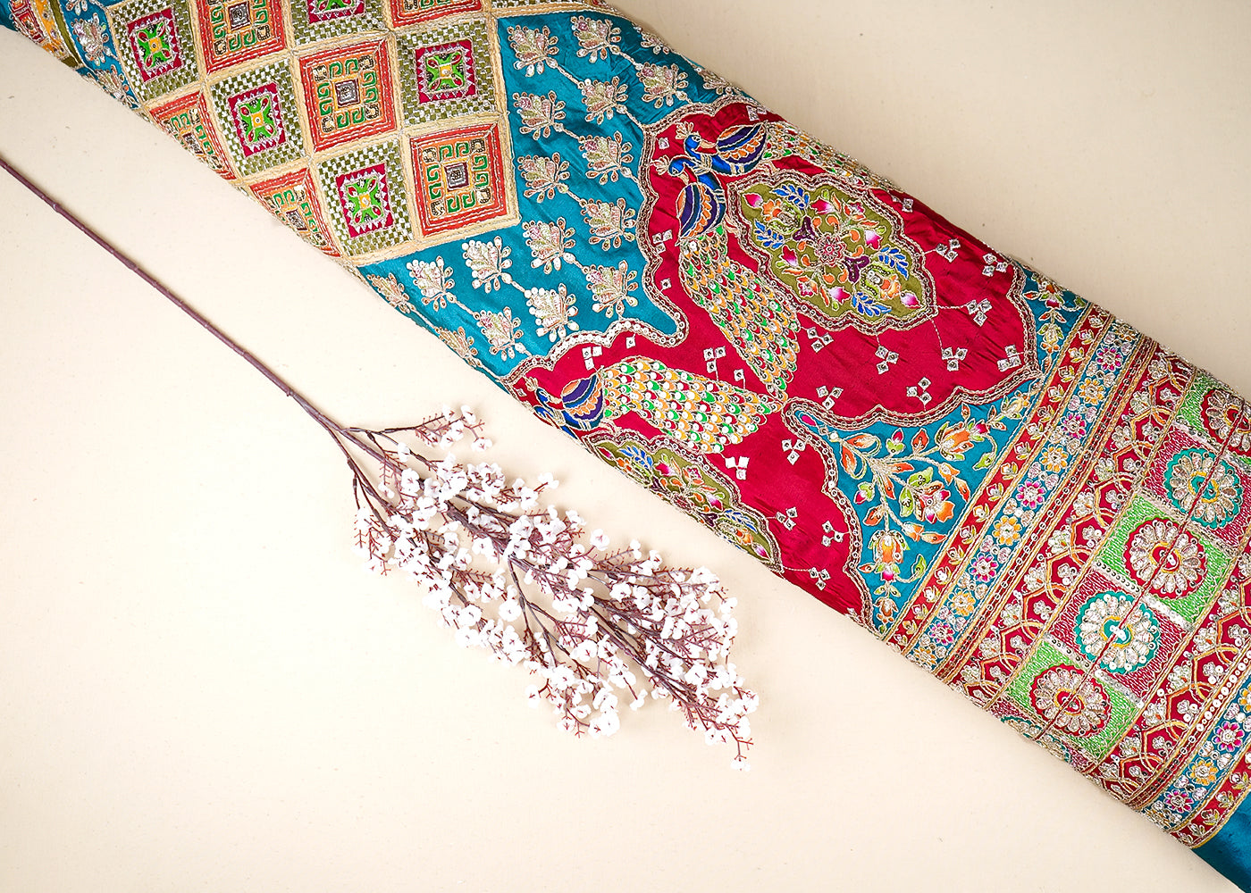 Teal Crepe Fabric With All Over Zari And Sequins Work With One Side Heavy Border 19603