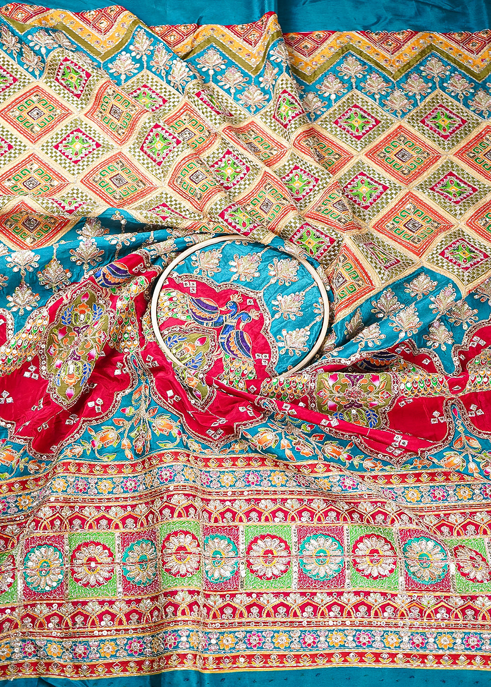Teal Crepe Fabric With All Over Zari And Sequins Work With One Side Heavy Border 19603