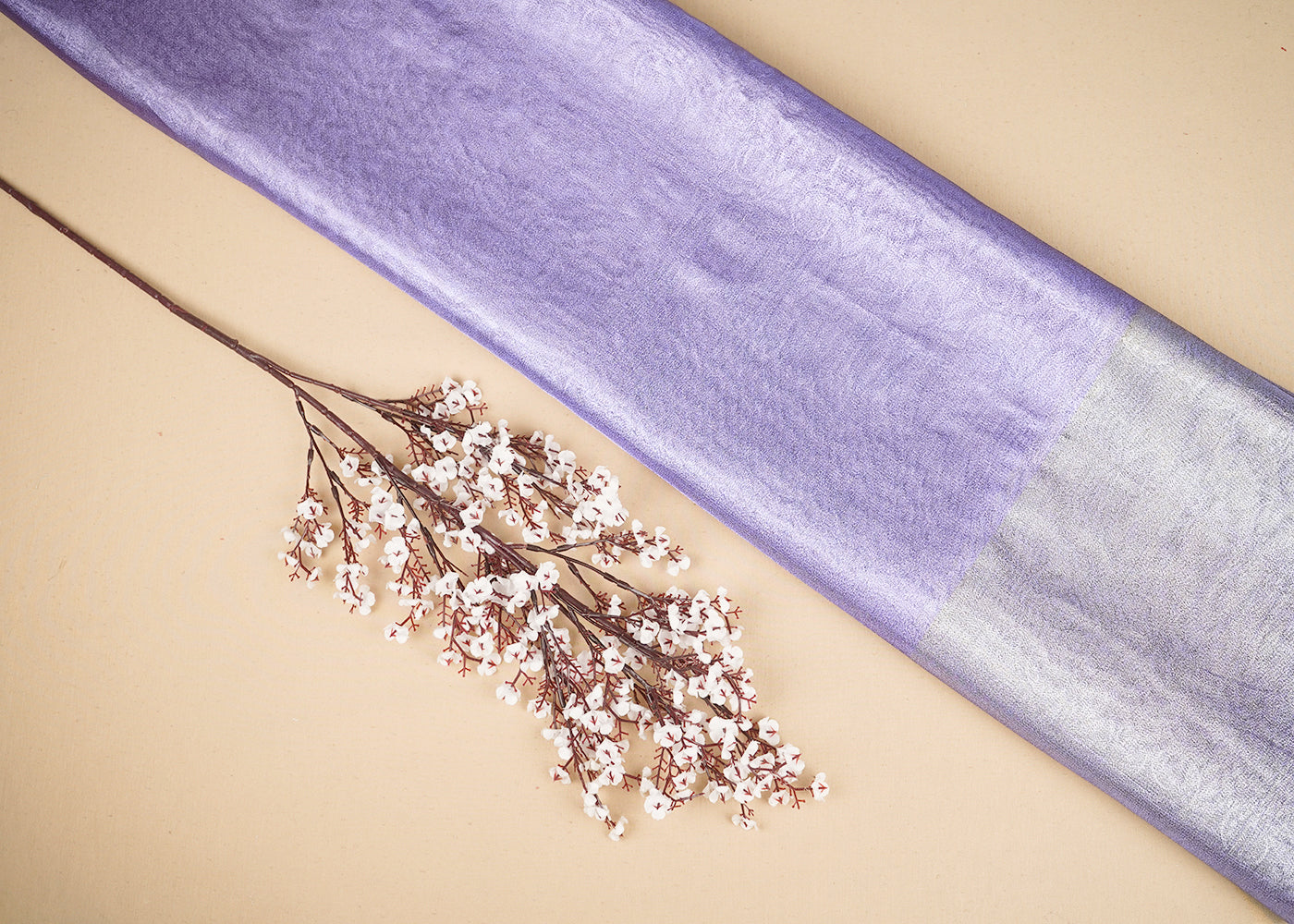 Lavender Organza Fabric with Allover Self Work with One-Side Heavy Border 19613