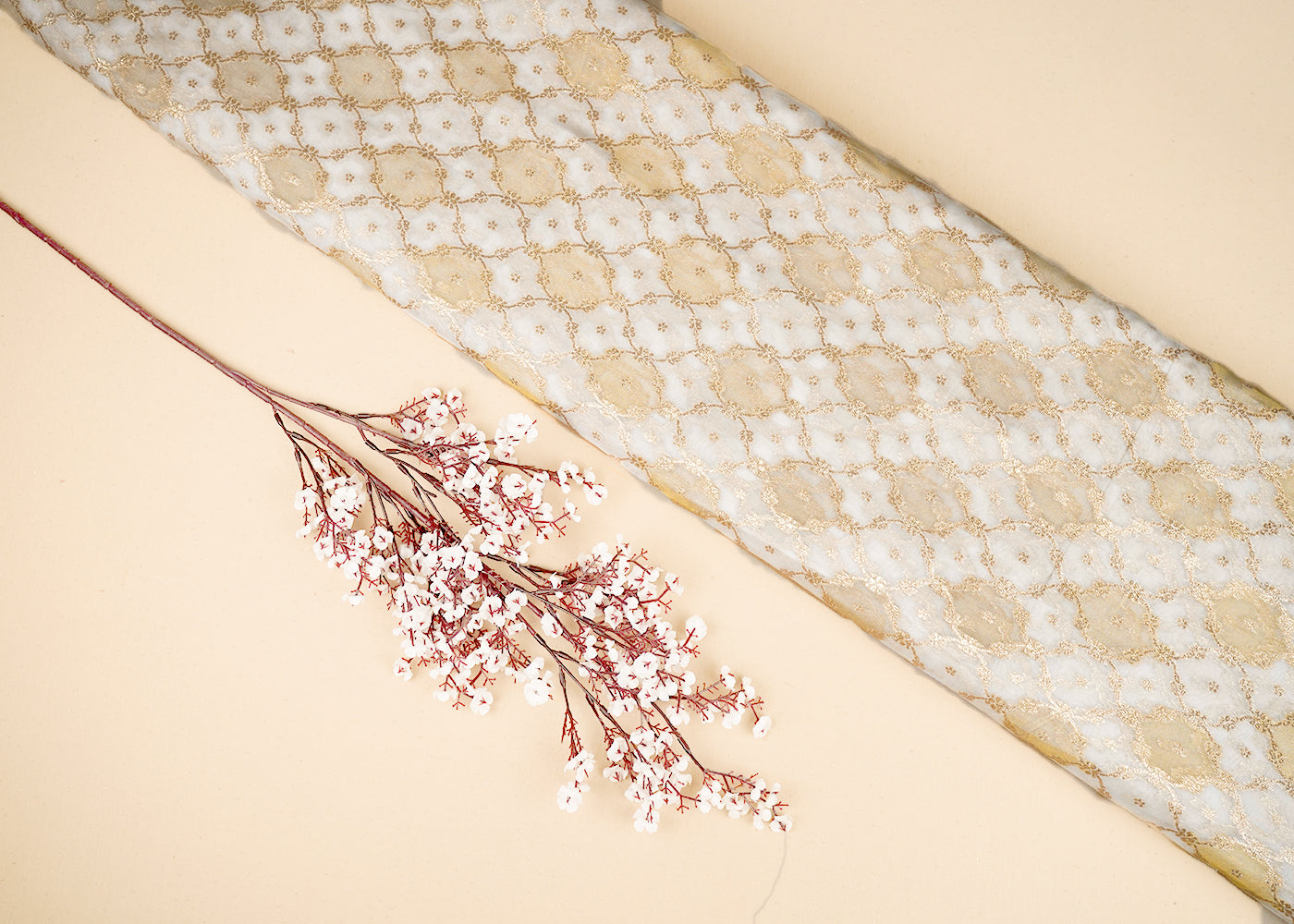 White Organza Tissue Fabric with Allover Golden Zari Jaal Pattern Handloom 19616