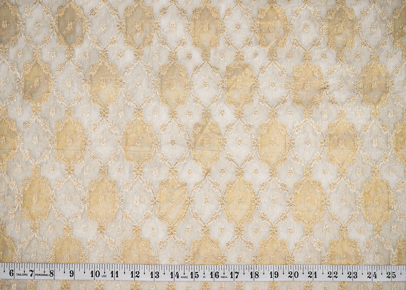 White Organza Tissue Fabric with Allover Golden Zari Jaal Pattern Handloom 19616