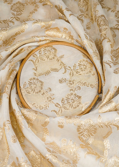 White Organza Tissue Fabric with Allover Golden Zari Floral Pattern Handloom 19618