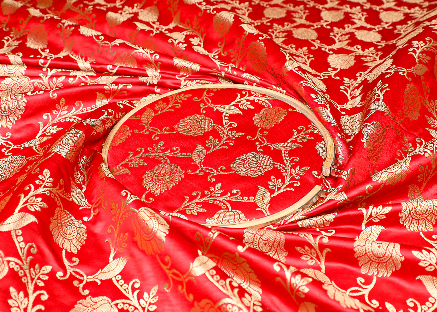 Red Banarasi Brocade Fabric with Allover Golden Zari Handloom 19622