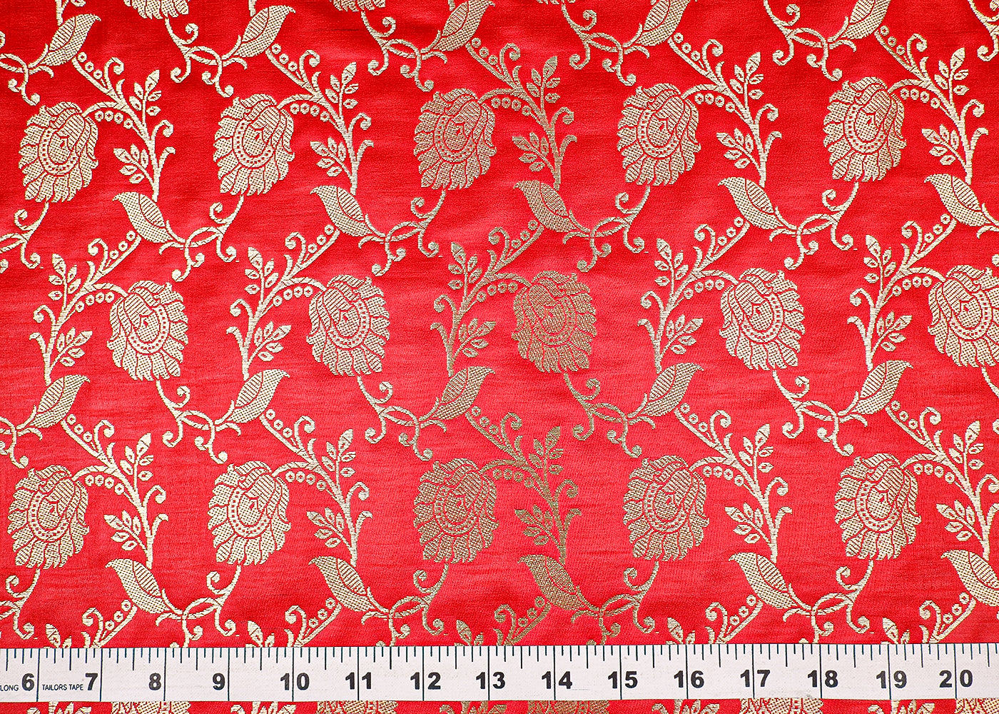 Red Banarasi Brocade Fabric with Allover Golden Zari Handloom 19622