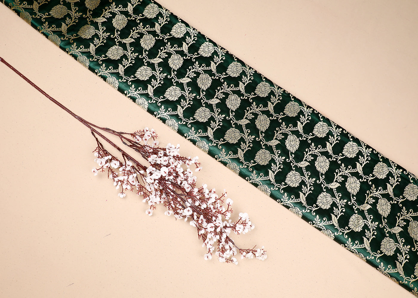 Green Banarasi Brocade Fabric with Allover Golden Zari Handloom 19624