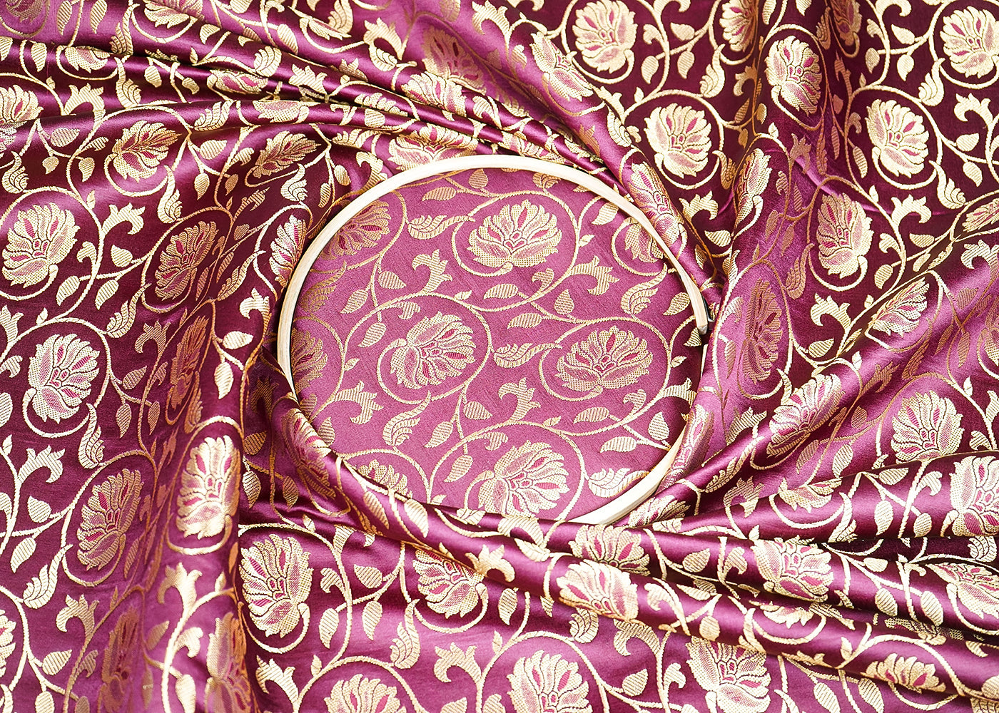 Wine Banarasi Brocade Fabric with Allover Golden Zari Handloom 19627