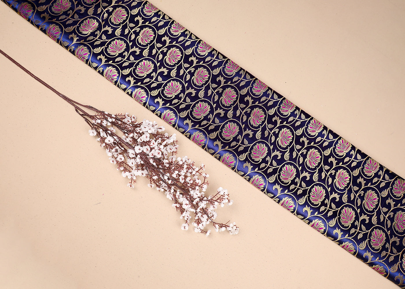 Navy Blue Banarasi Brocade Fabric with Allover Golden Zari Handloom 19629