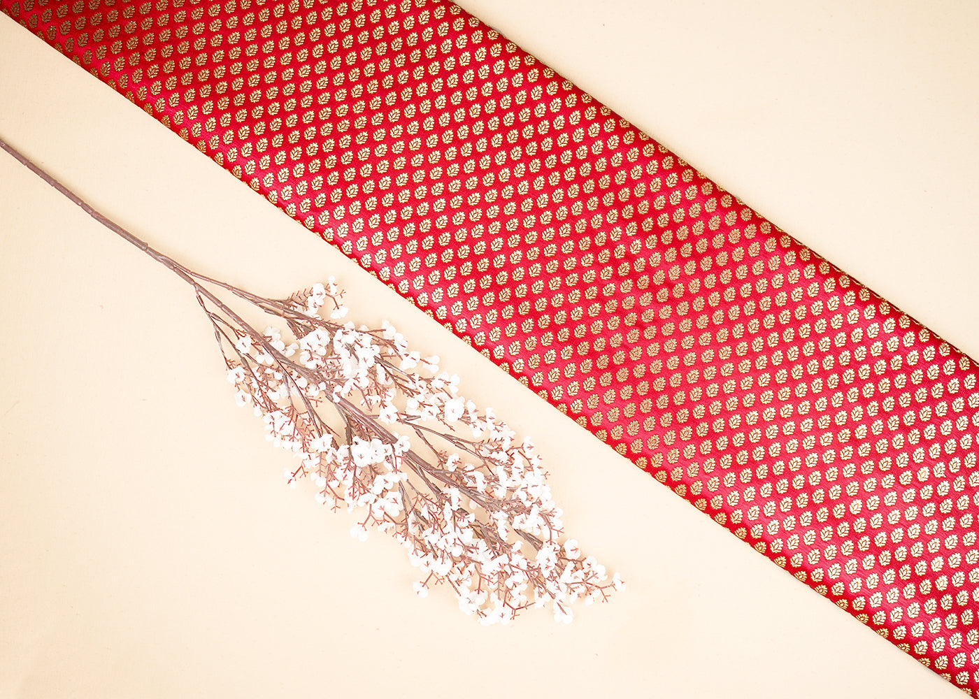 Red Banarasi Brocade Fabric with Allover Golden Zari Handloom 19632