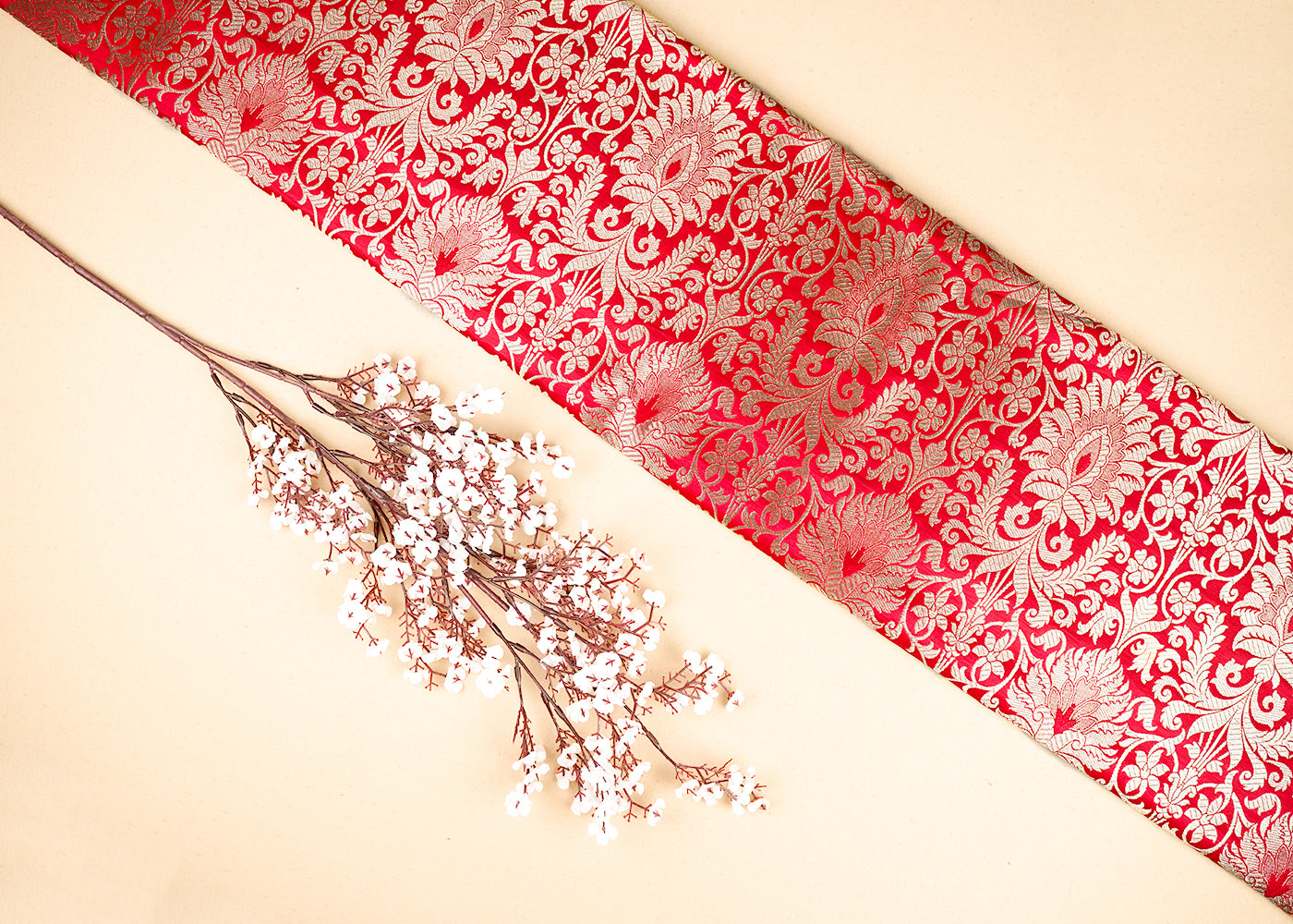 Red Banarasi Brocade Fabric with Allover Golden Zari Handloom 19634