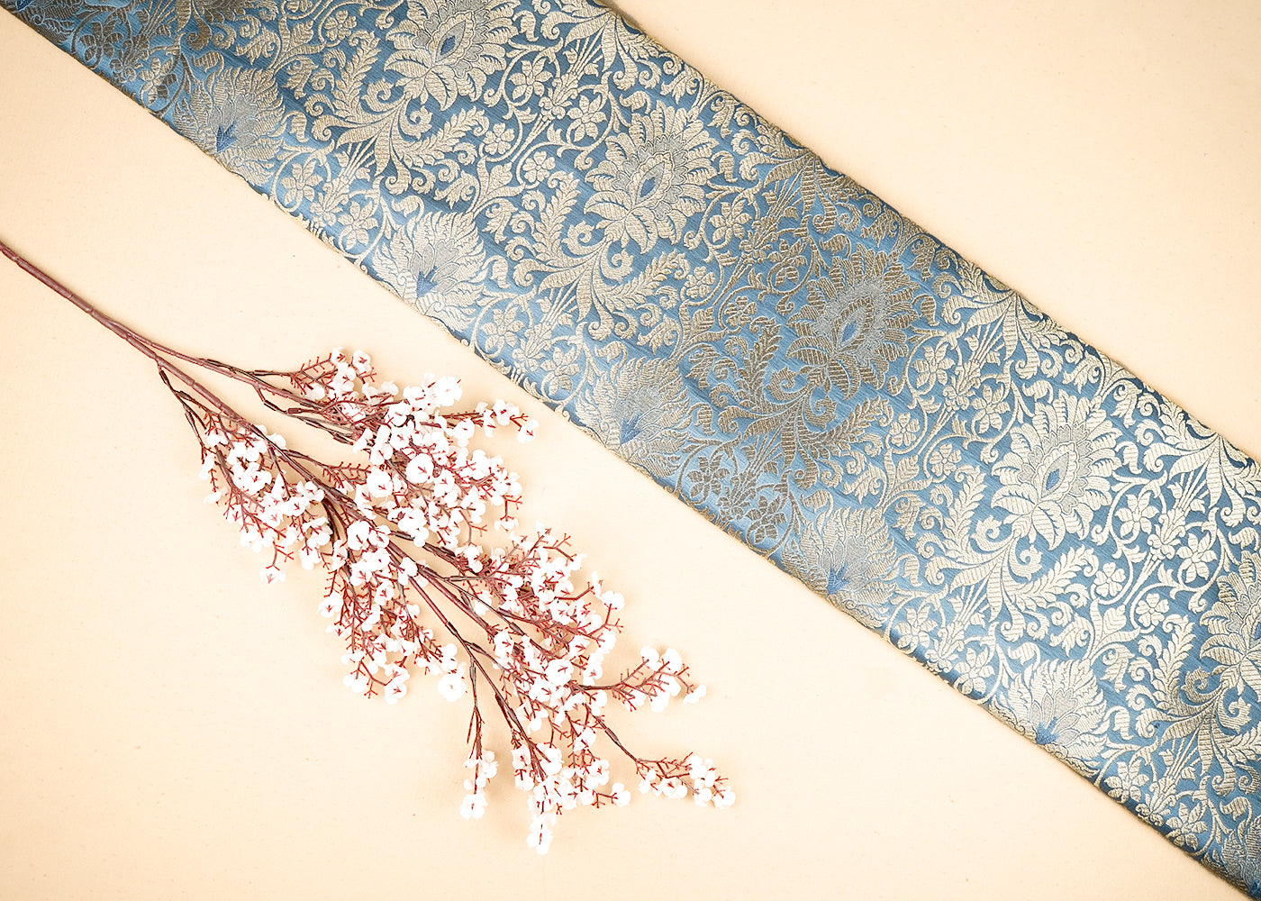 Grey Banarasi Brocade Fabric with Allover Golden Zari Handloom 19635