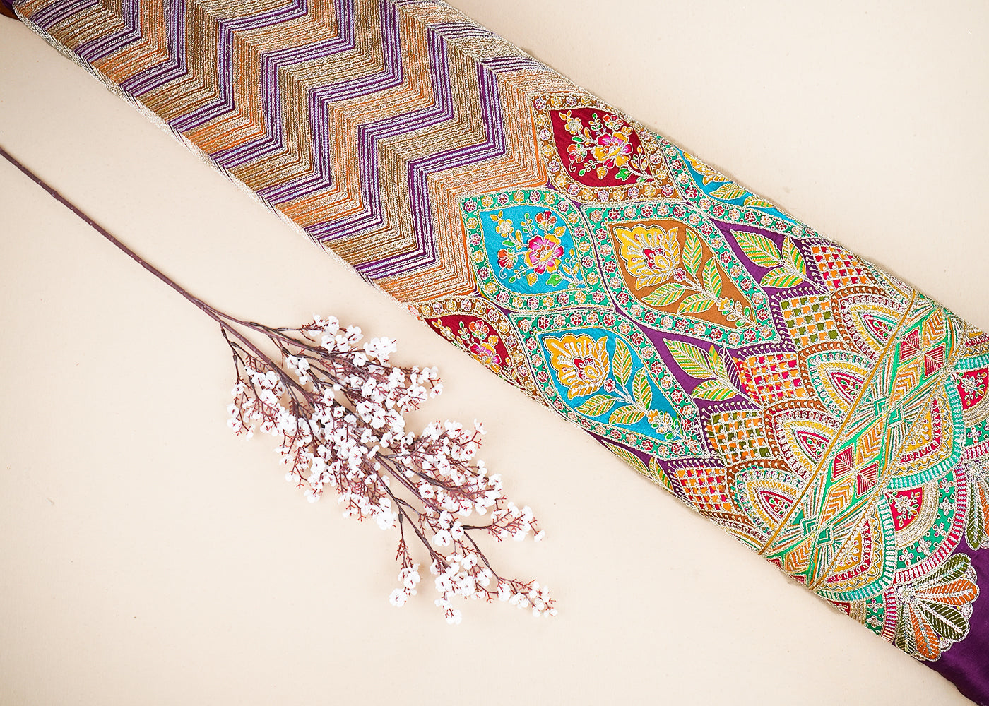 Purple Crepe Printed Fabric Embellished with Zari and Sequins with One-Side Heavy Border 19648