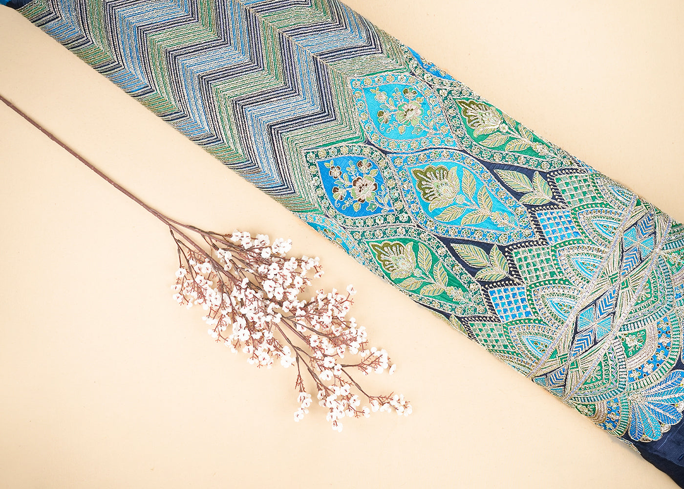 Navy Blue Crepe Printed Fabric Embellished with Zari and Sequins with One-Side Heavy Border 19649