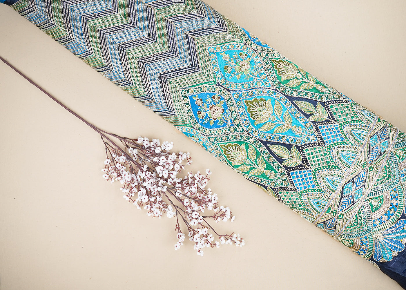 Navy Blue Crepe Printed Fabric Embellished with Zari and Sequins with One-Side Heavy Border 19649