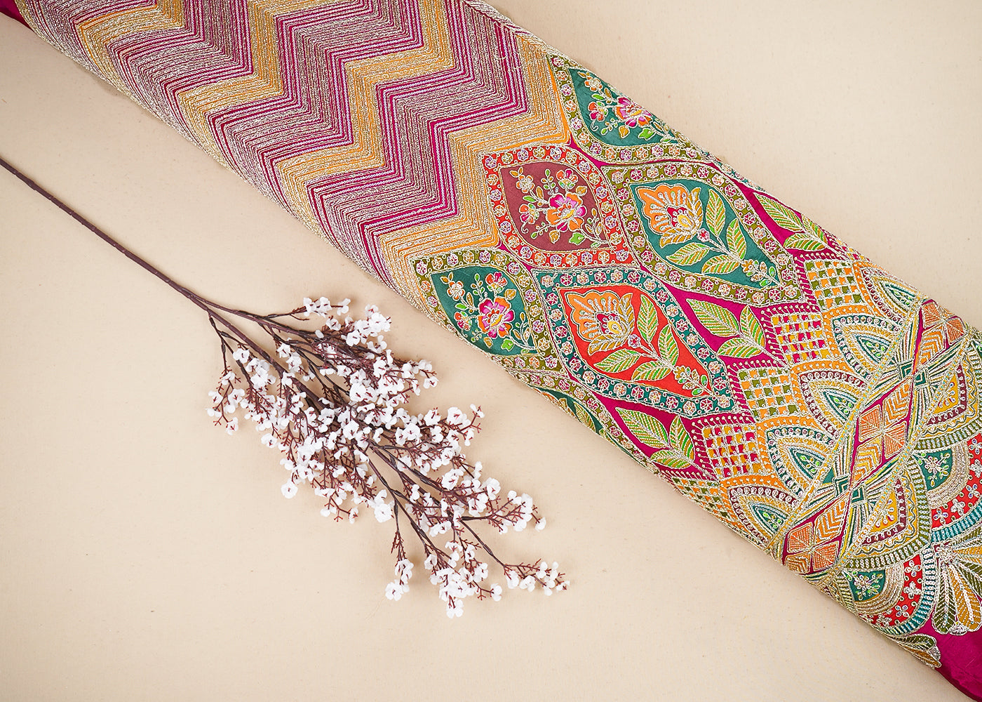 Pink Crepe Printed Fabric Embellished with Zari and Sequins with One-Side Heavy Border 19650