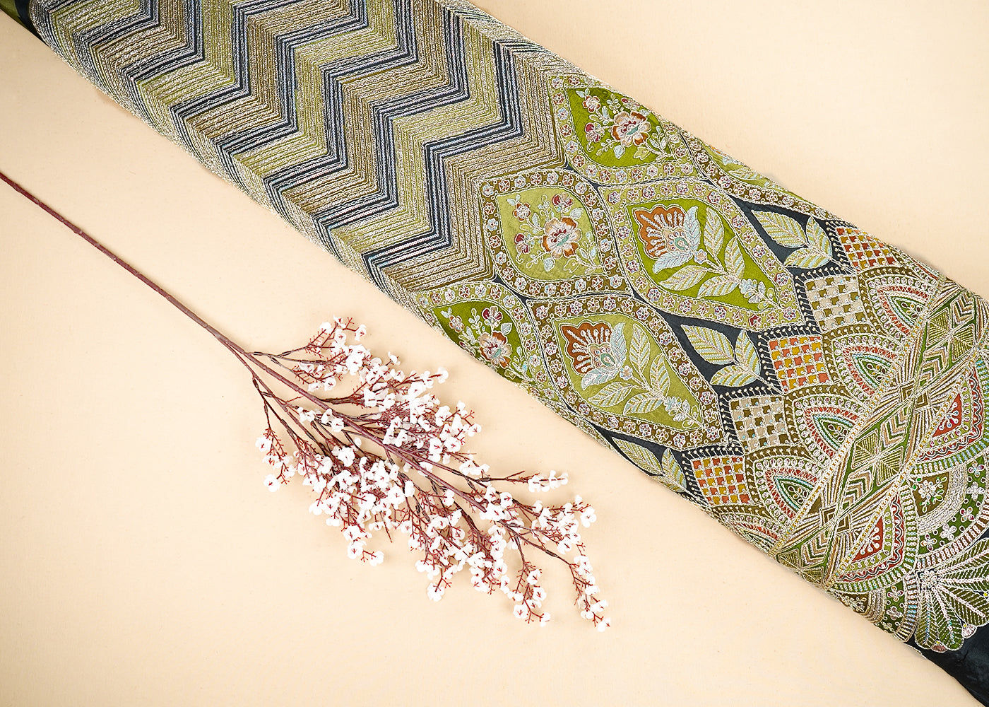 Dark Green Crepe Printed Fabric Embellished with Zari and Sequins with One-Side Heavy Border 19651