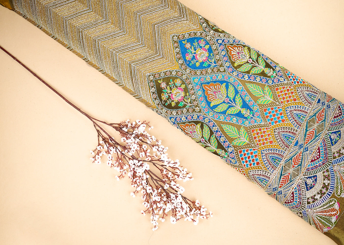 Mehendi Crepe Printed Fabric Embellished with Zari and Sequins with One-Side Heavy Border 19652