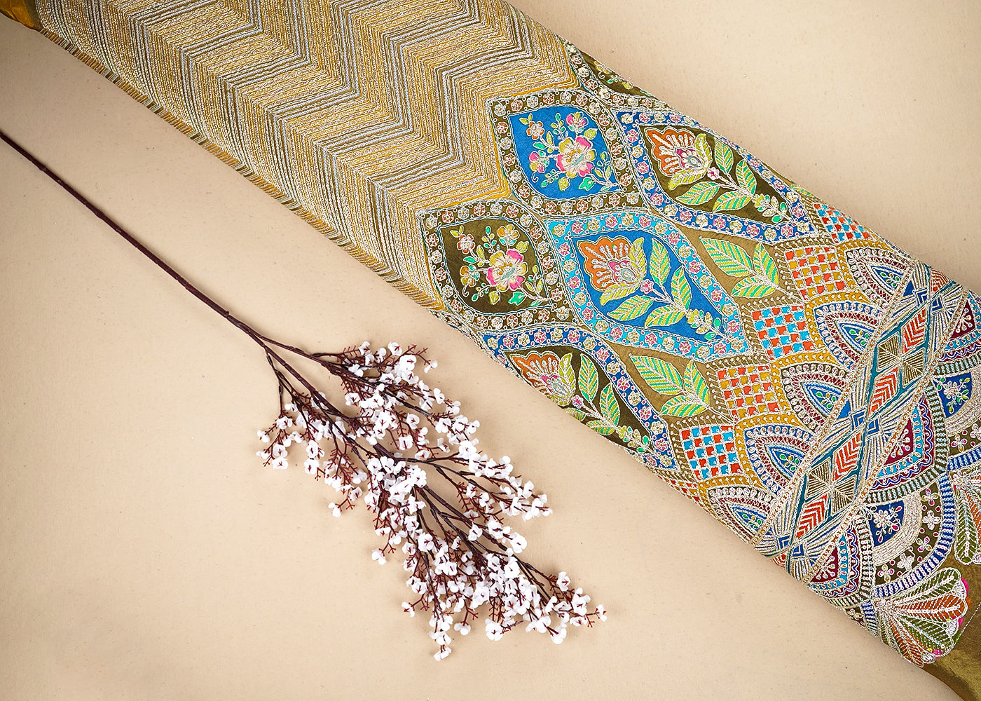 Mehendi Crepe Printed Fabric Embellished with Zari and Sequins with One-Side Heavy Border 19652