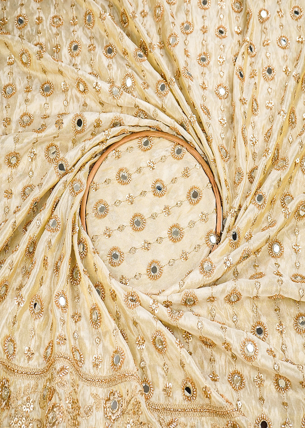 Golden-Dyeable-Tissue-Fabric-With-All-Over-Zari,-Sequins,-Katdana-And-Bead,-Mirror-Work-With-One-Side-Border-19653-close-view