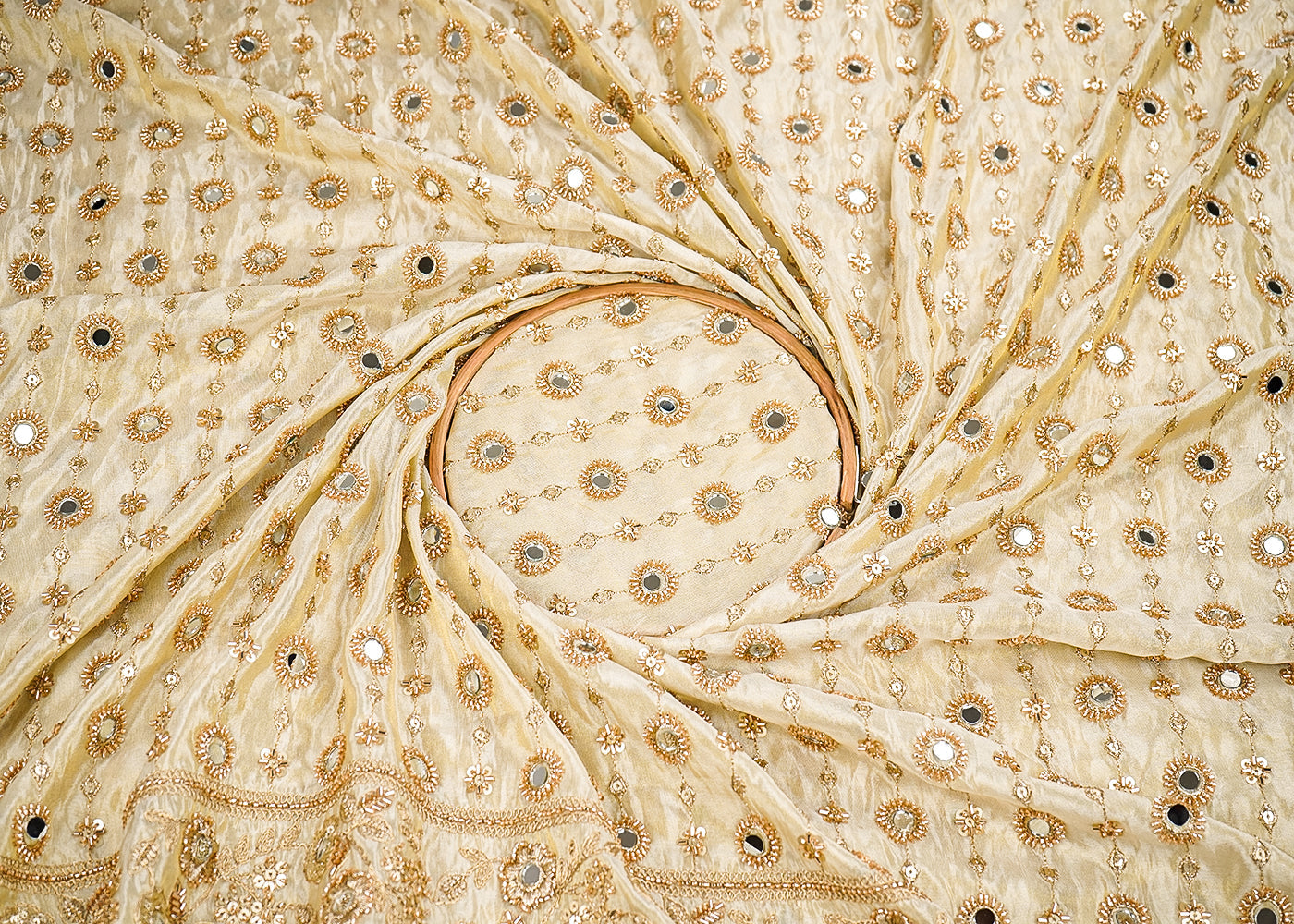 Golden Tissue Fabric With All Over Zari, Sequins, Katdana And Bead, Mirror Work With One Side Border 19653