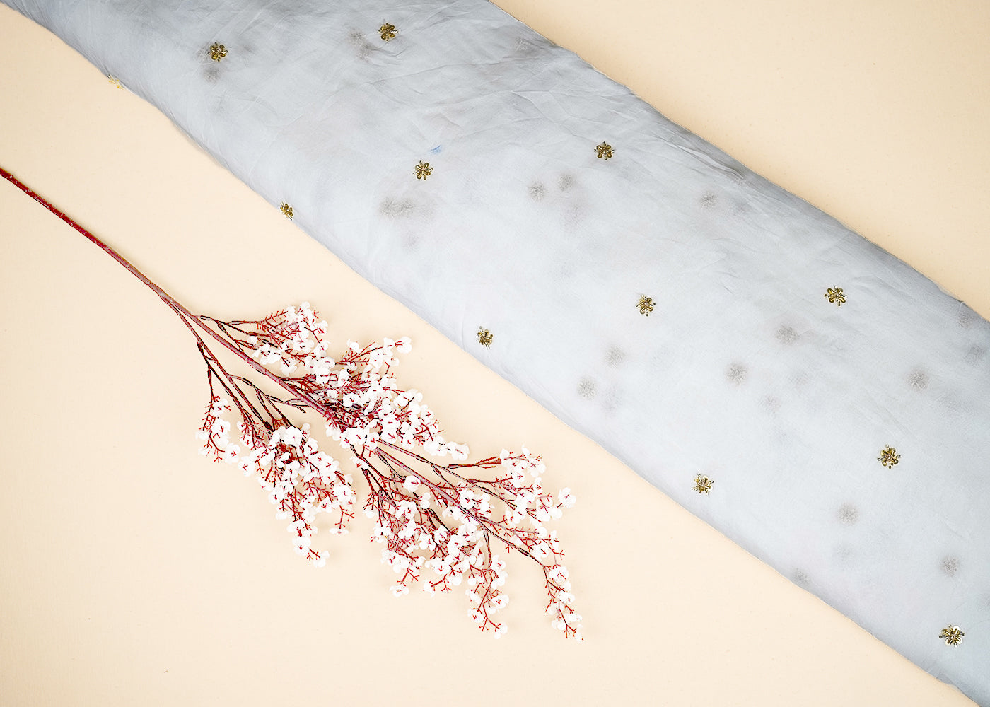 White Organza Fabric with Allover Buti of Sequins, Katdana and Thread Work 19658