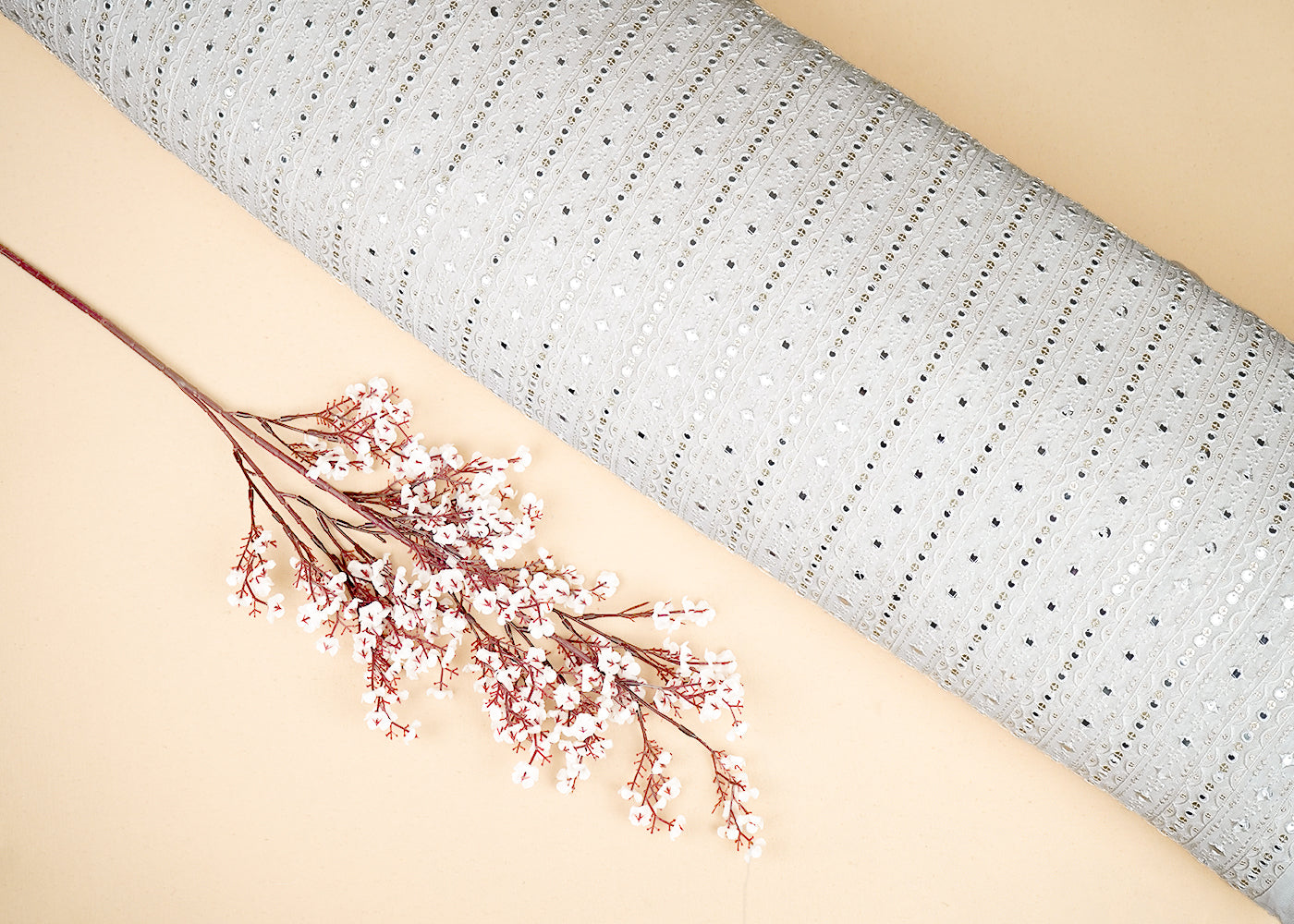 White Georgette Fabric with Allover White Thread, Sequins and Faux Mirror Work 19660