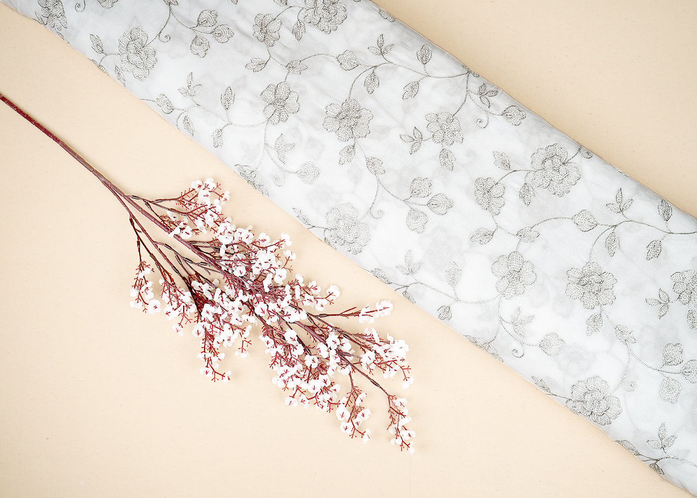 White Georgette Fabric with Allover Silver Thread Work 19662