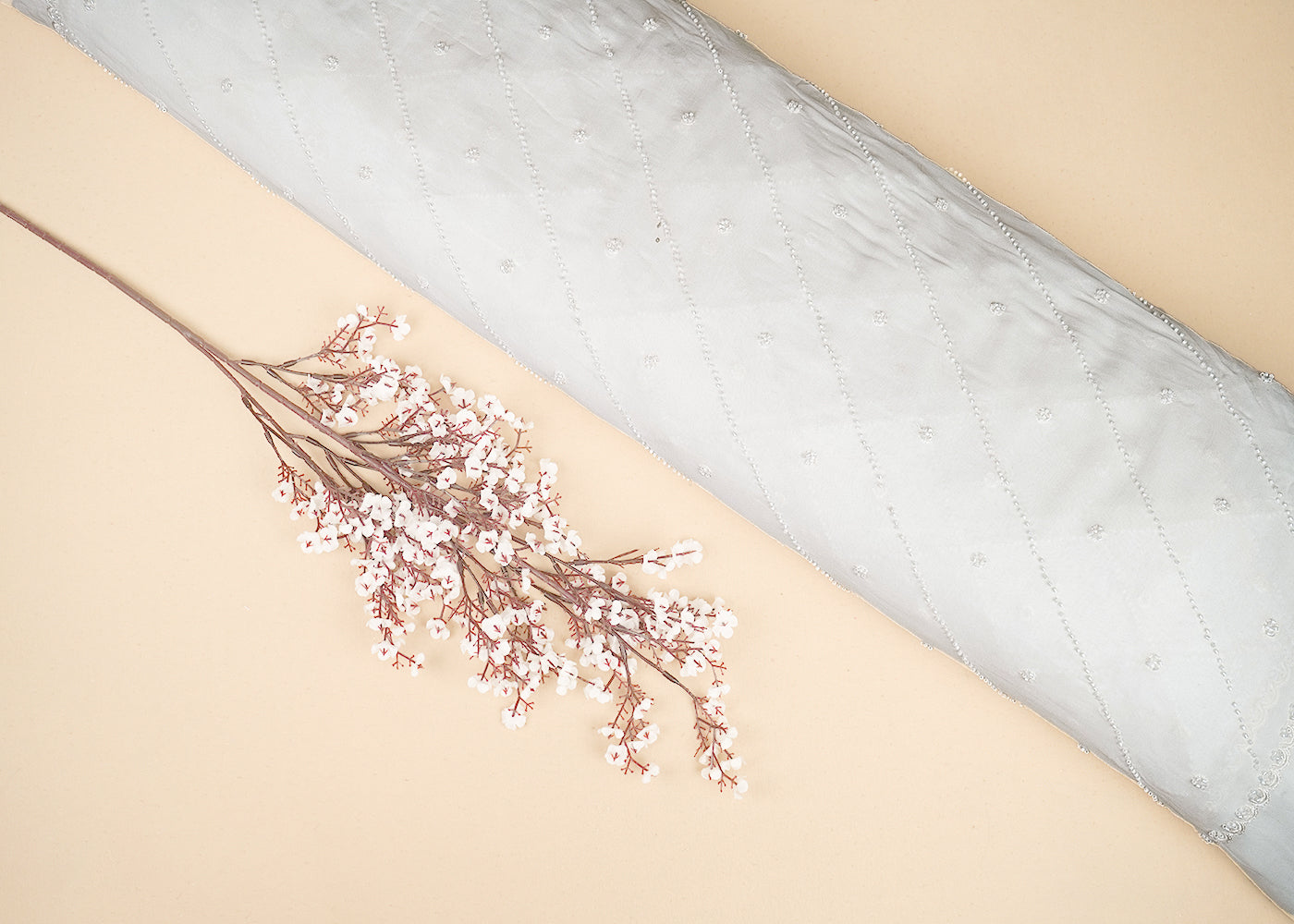 White Georgette Fabric with Allover Buti & Strips of Katdana with Both Side Border  19664