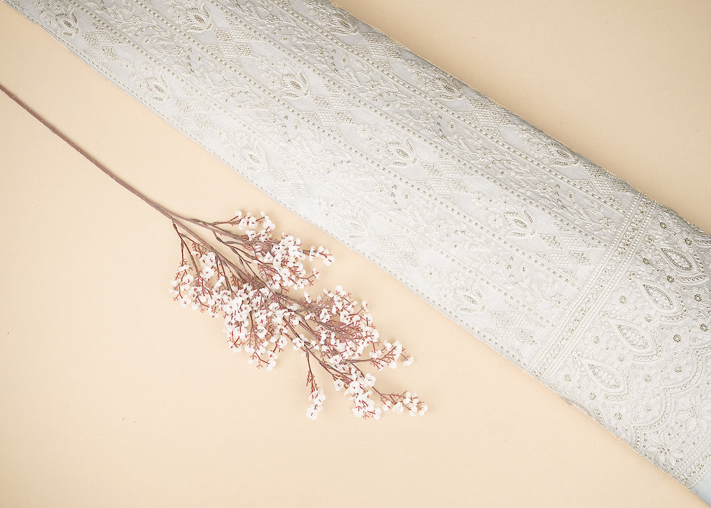 White Georgette Fabric with Allover Thread and Sequins Work with One-Side Heavy Border 19665