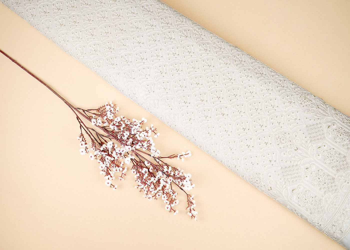 White Georgette Fabric with Allover Thread and Sequins Work with One-Side Heavy Border 19666