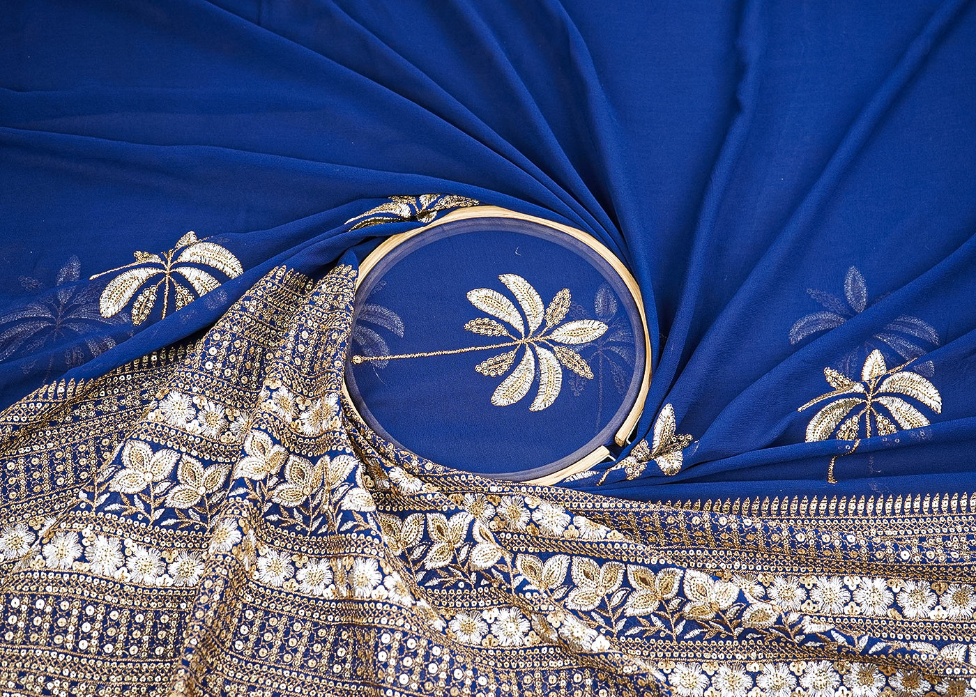 SabyaSachi Inspired Edition | Navy Blue Embroidered Georgette Unstitched Fabric 19670