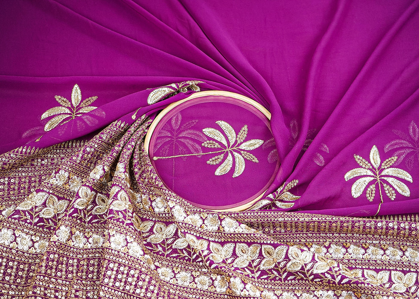 Purple Georgette Fabric with Allover Zari and Sequins Work with One-Side Border 19671