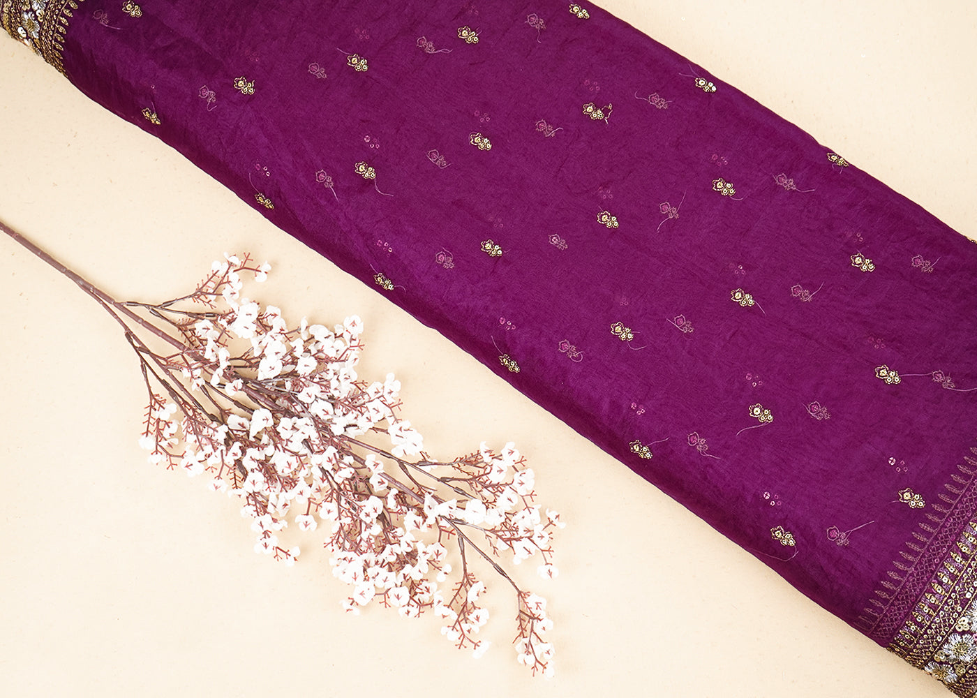 Purple Organza Fabric with Allover Zari and Sequins Work with Two-Side Border 19673
