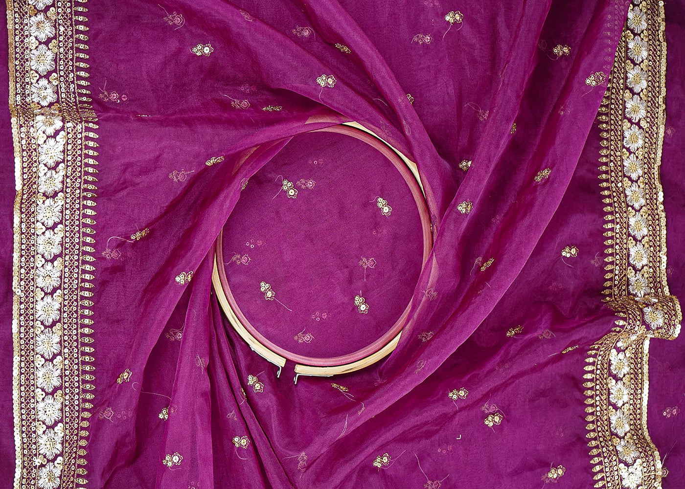 Purple Organza Fabric with Allover Zari and Sequins Work with Two-Side Border 19673