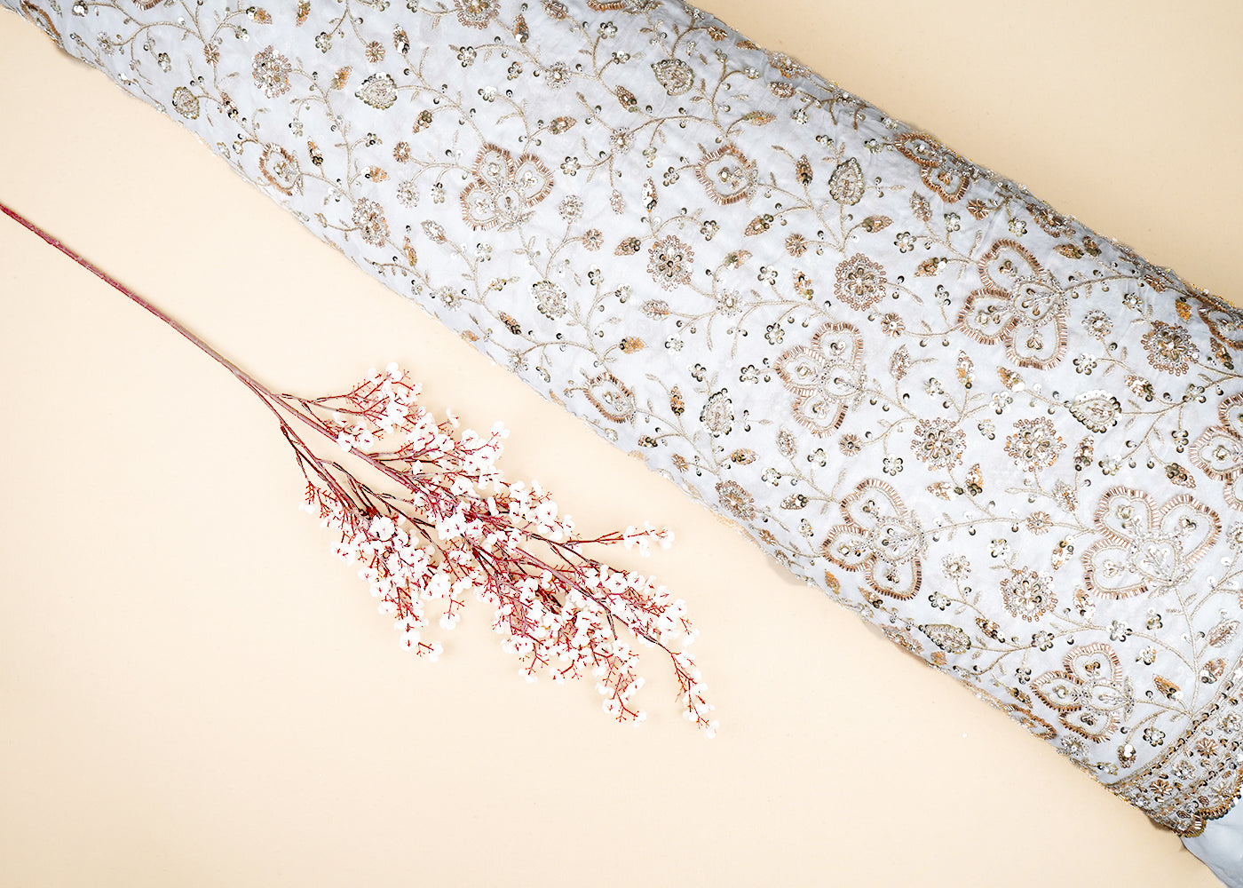 White Georgette Fabric with Allover Golden Thread, Sequins, Katdana and Pearl Work with One-Side Border 19676