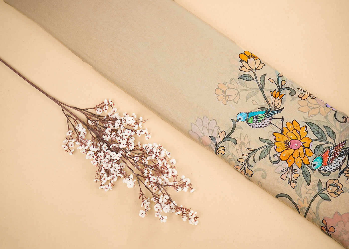 Beige Georgette Fabric with Allover Traditional Print and Katdana, Bead and Sequins Work 19678