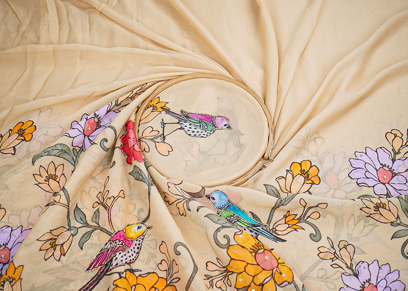 Beige Georgette Fabric with Allover Traditional Print and Katdana, Bead and Sequins Work 19678