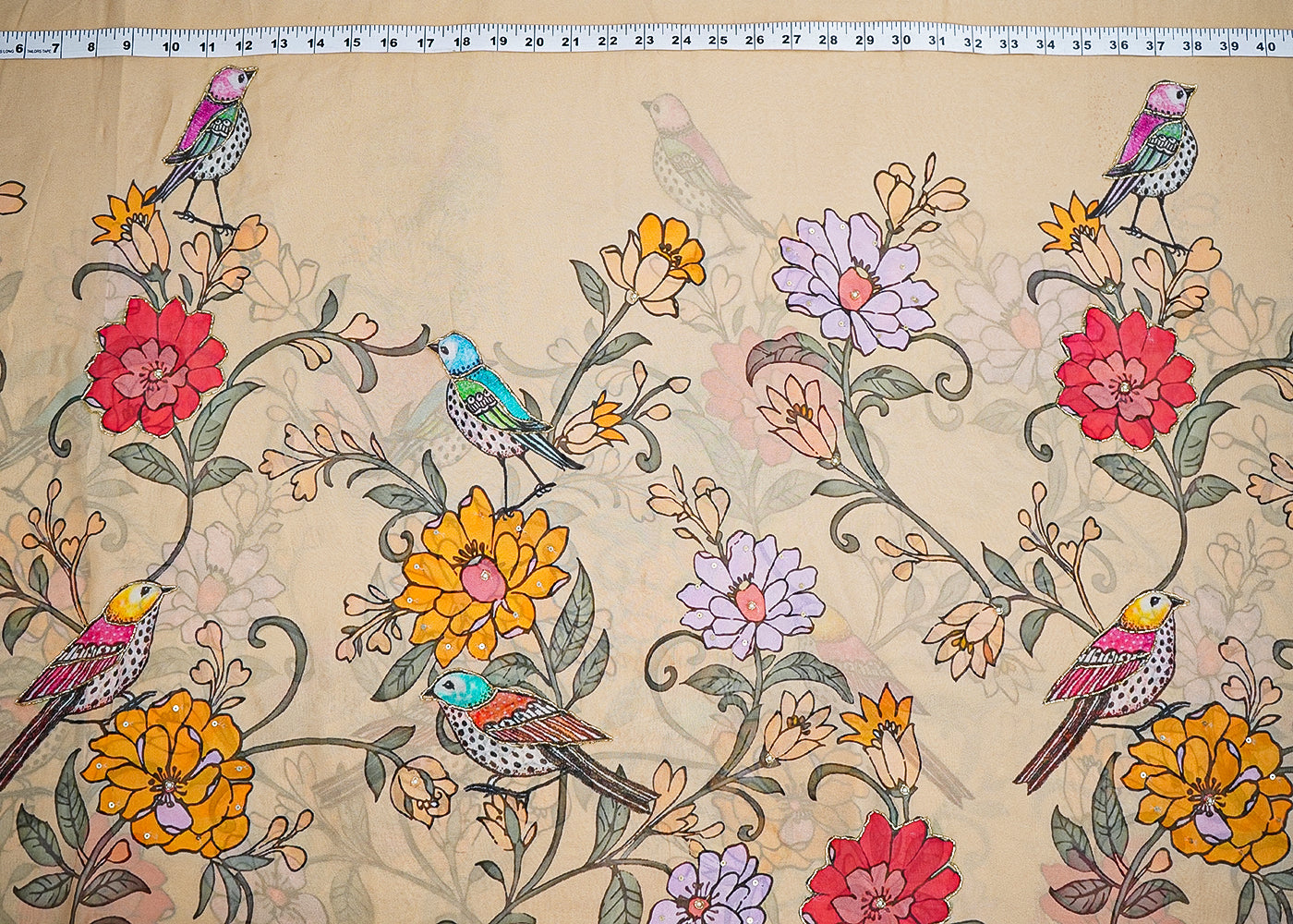 Beige Georgette Fabric with Allover Traditional Print and Katdana, Bead and Sequins Work 19678