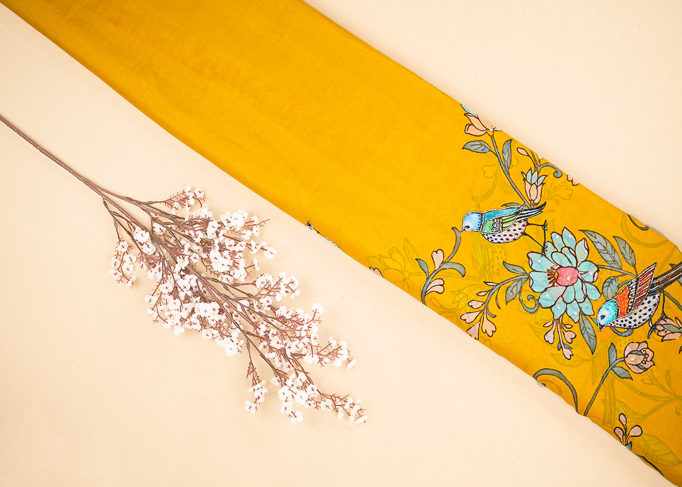 Mustard Georgette Fabric with Allover Traditional Print and Katdana, Bead and Sequins Work 19679